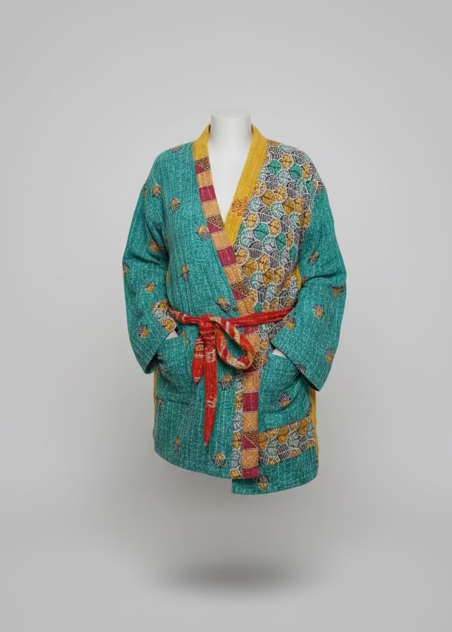 Vintage Kantha Jacket – Reversible Bohemian Robe - Green
