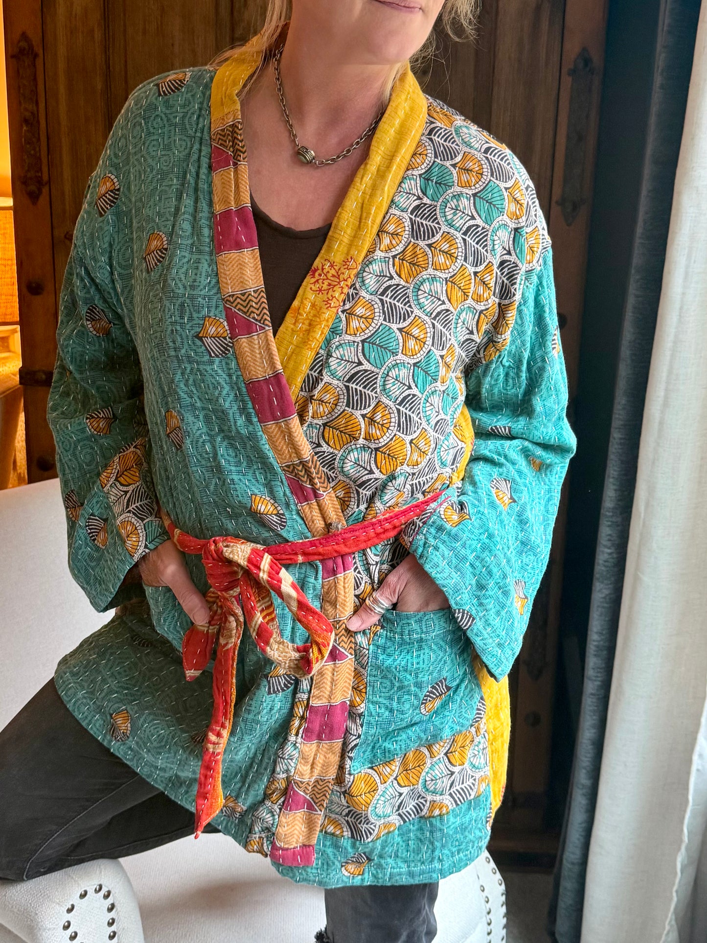 Vintage Kantha Jacket – Reversible Bohemian Robe - Green