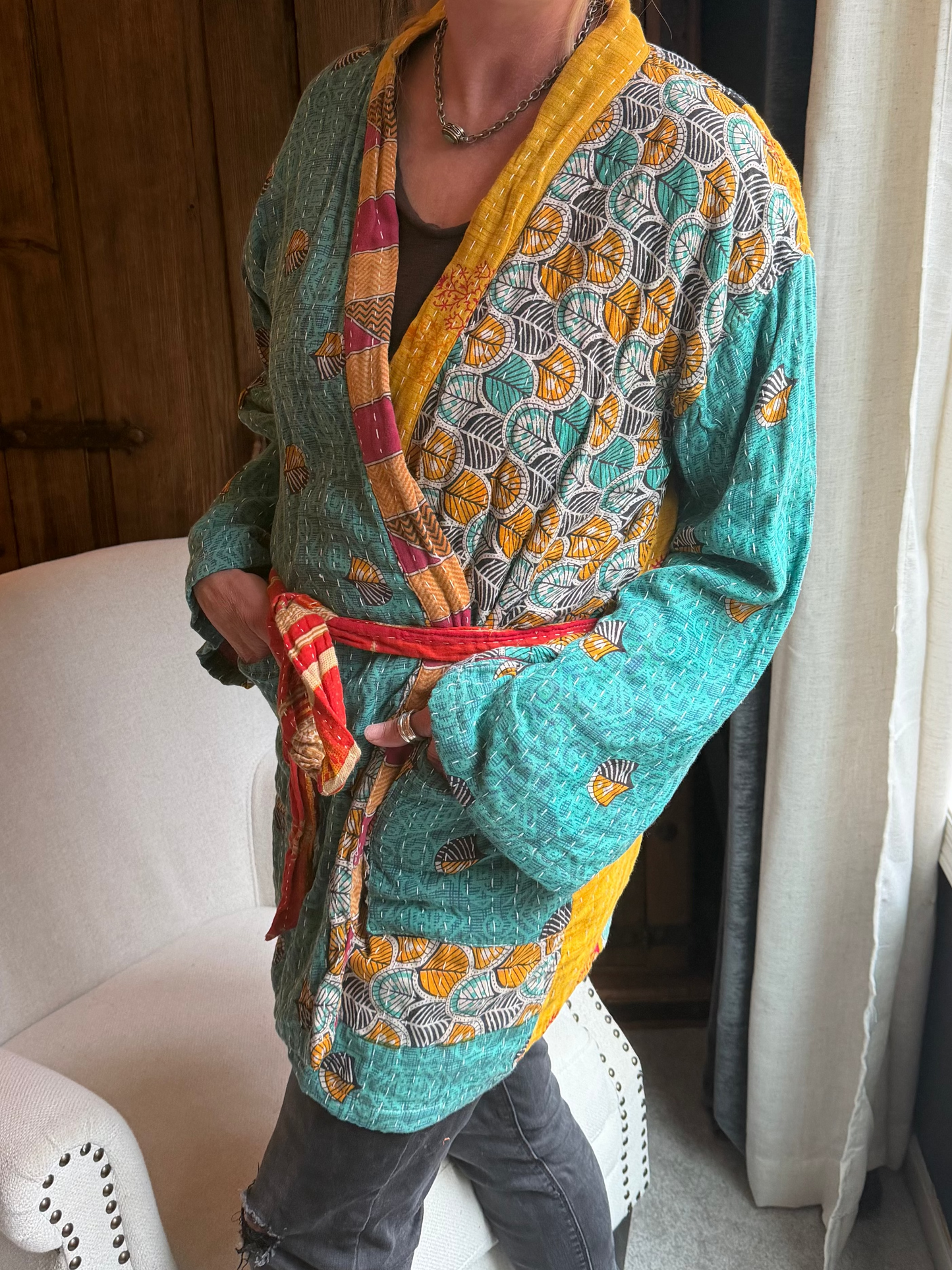 Vintage Kantha Jacket – Reversible Bohemian Robe - Green