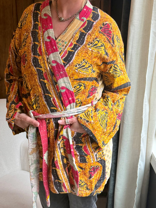 Vintage Kantha Jacket – Reversible Bohemian Robe - Yellow & Red