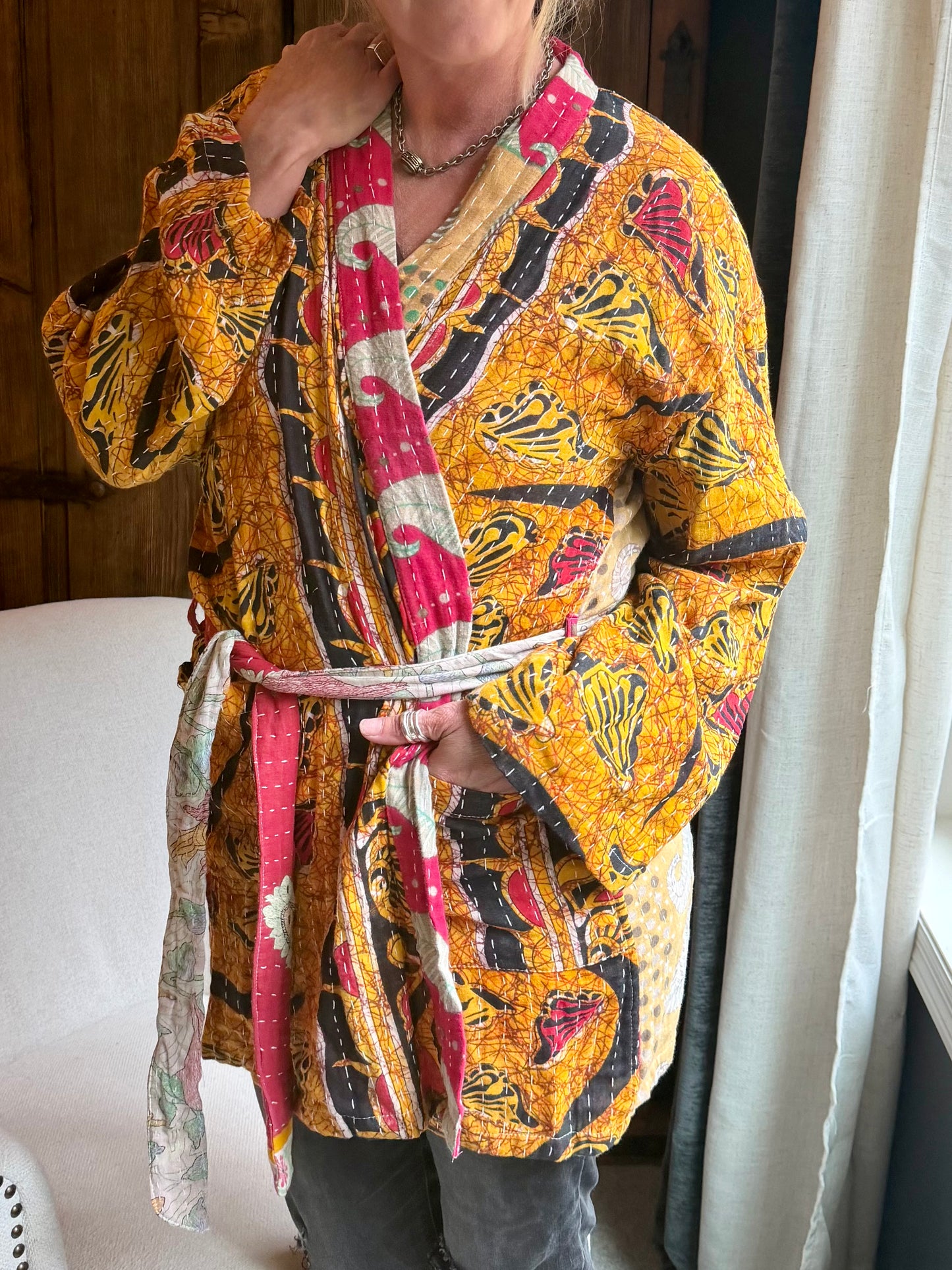Vintage Kantha Jacket – Reversible Bohemian Robe - Yellow & Red