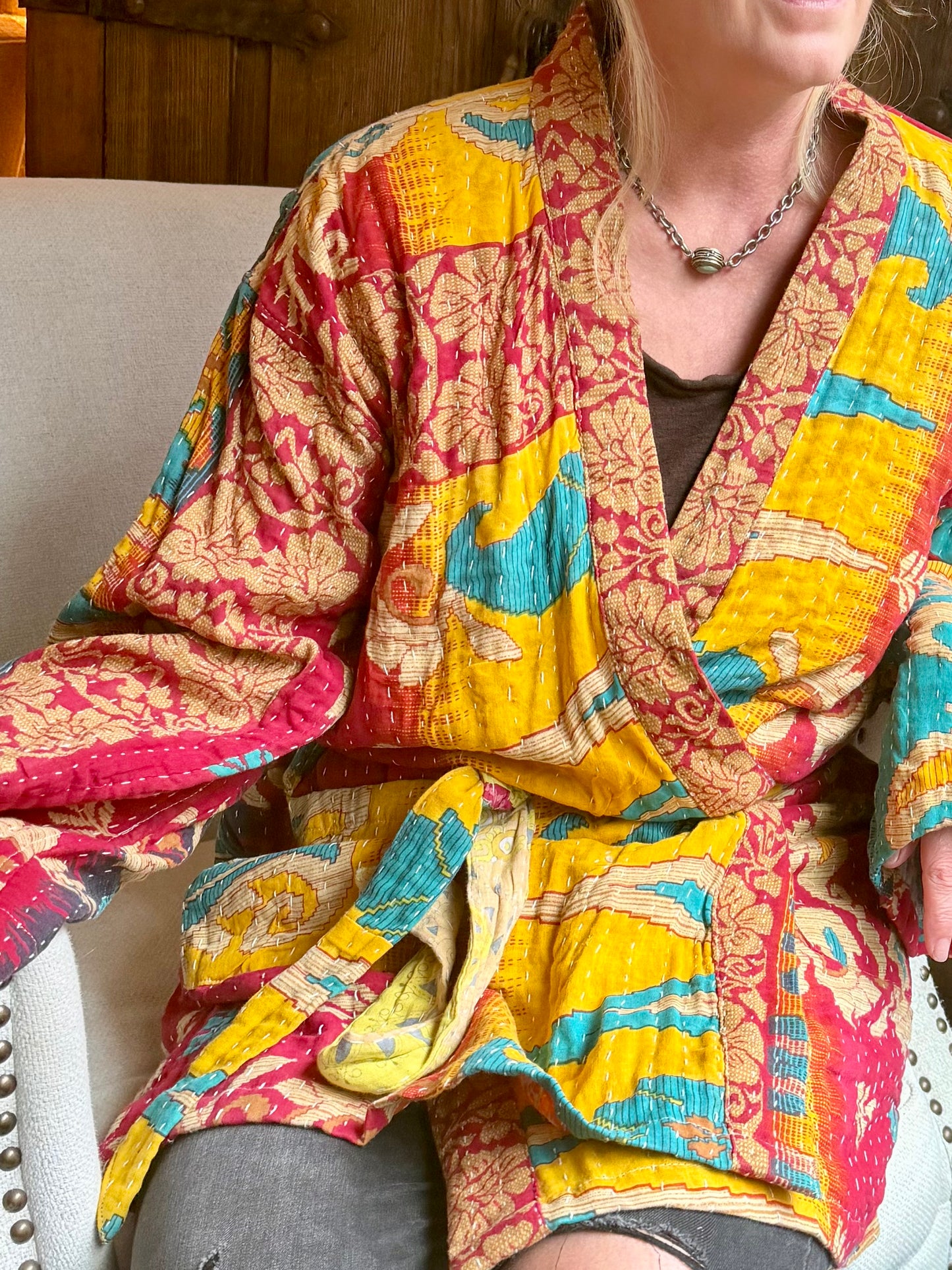 Vintage Kantha Jacket – Reversible Bohemian Robe - Yellow & Green