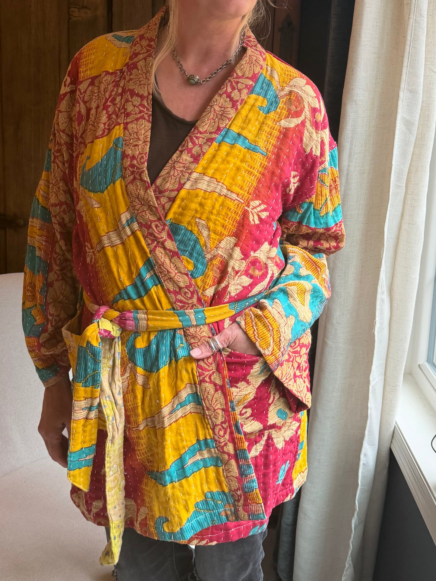 Vintage Kantha Jacket – Reversible Bohemian Robe - Yellow & Green