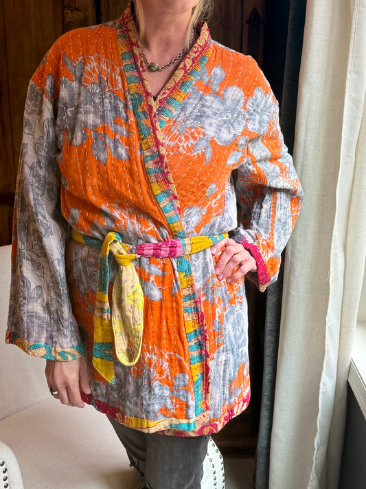 Vintage Kantha Jacket – Reversible Bohemian Robe - Orange & Grey