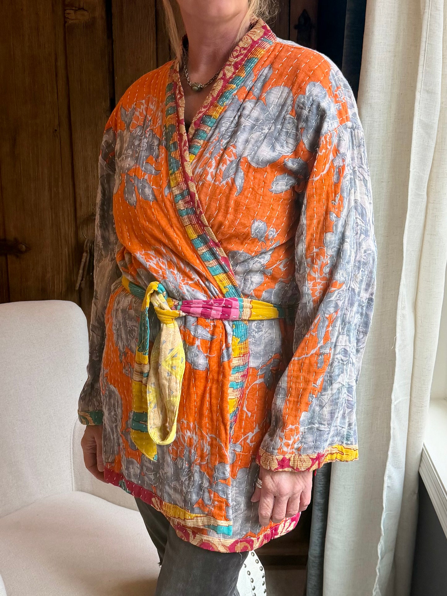Vintage Kantha Jacket – Reversible Bohemian Robe - Orange & Grey
