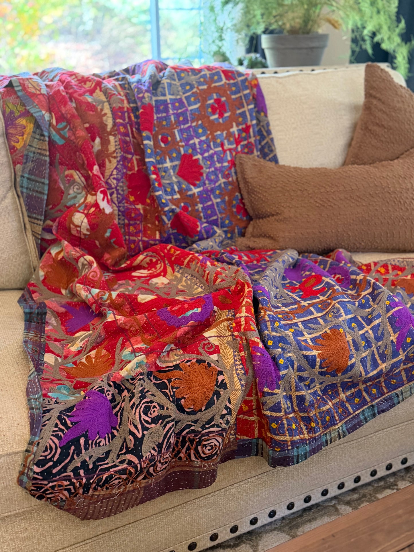 Rowena Reversible Embroidered  Kantha Quilt. - Blue Red Purple