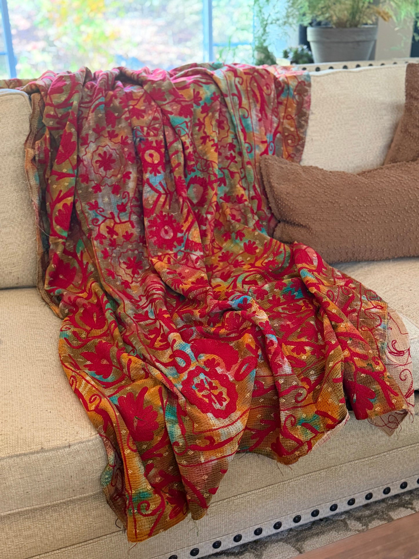 Rowena Reversible Embroidered  Kantha Quilt. - Red Rust Teal