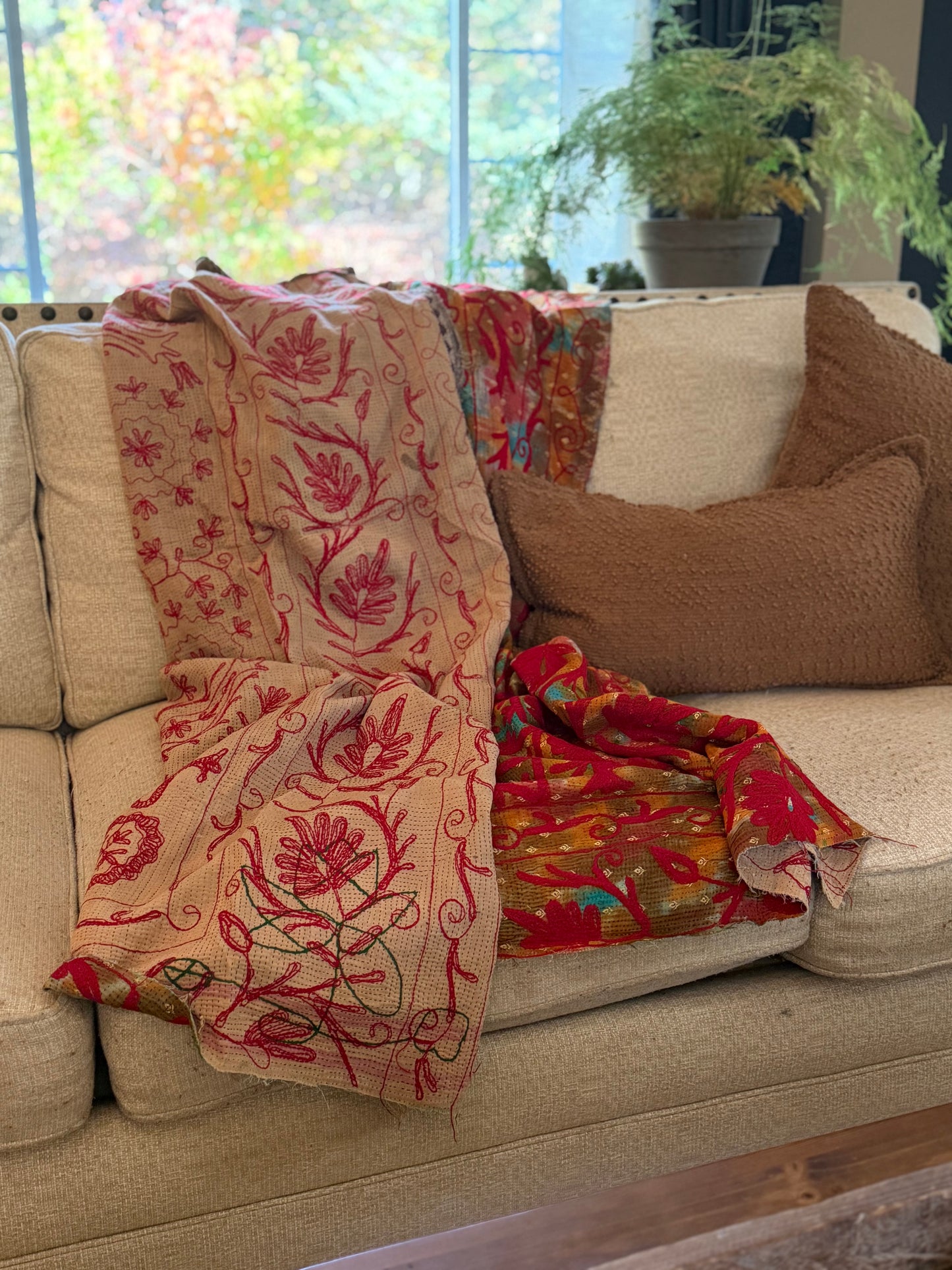 Rowena Reversible Embroidered  Kantha Quilt. - Red Rust Teal