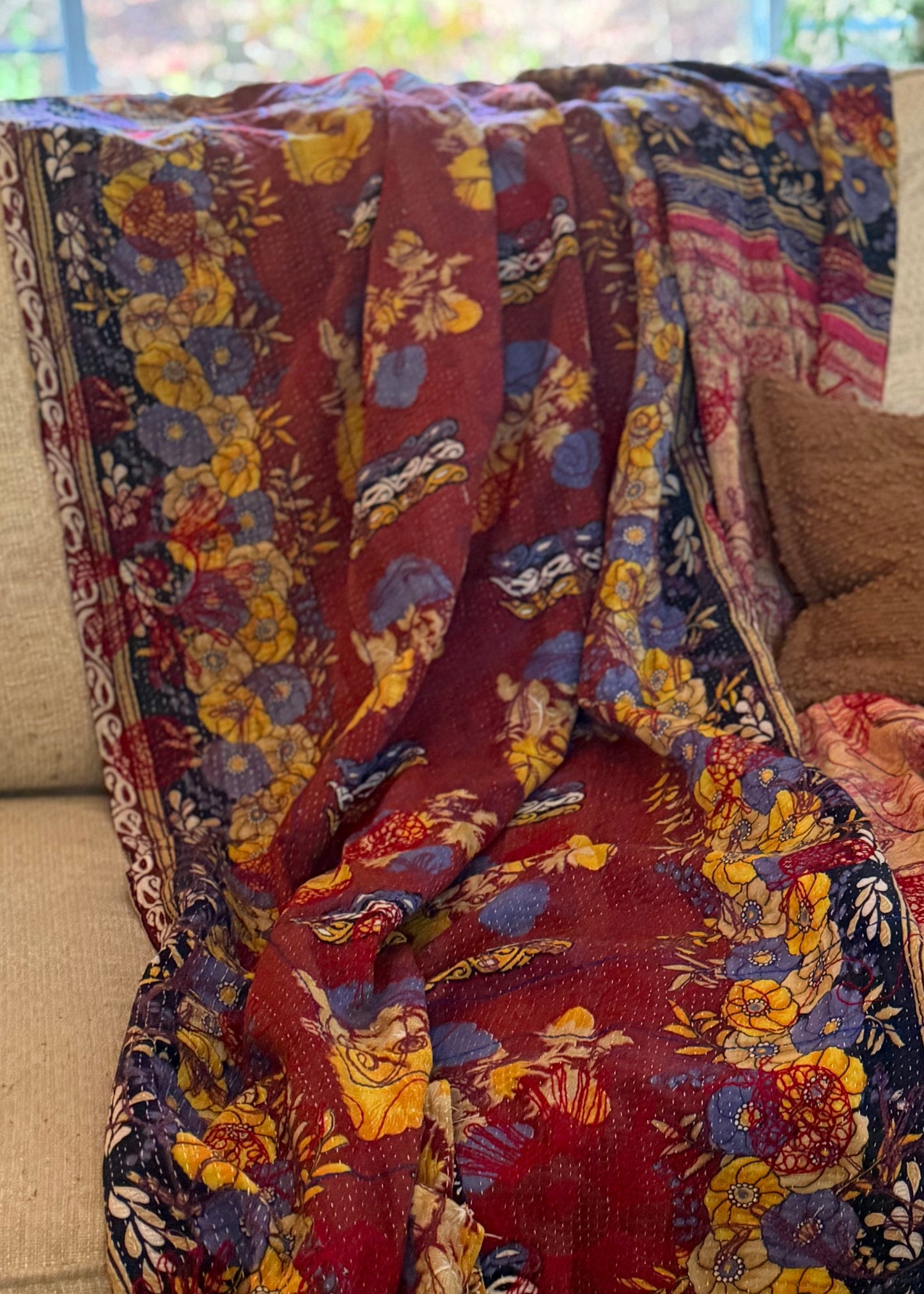 Rowena Reversible Embroidered  Kantha Quilt. - Rust Gold Green