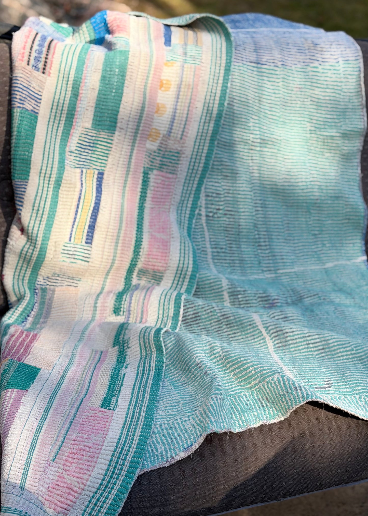 Theodora Reversible Kantha Quilts. Blue, Green, Pink  Set of 3