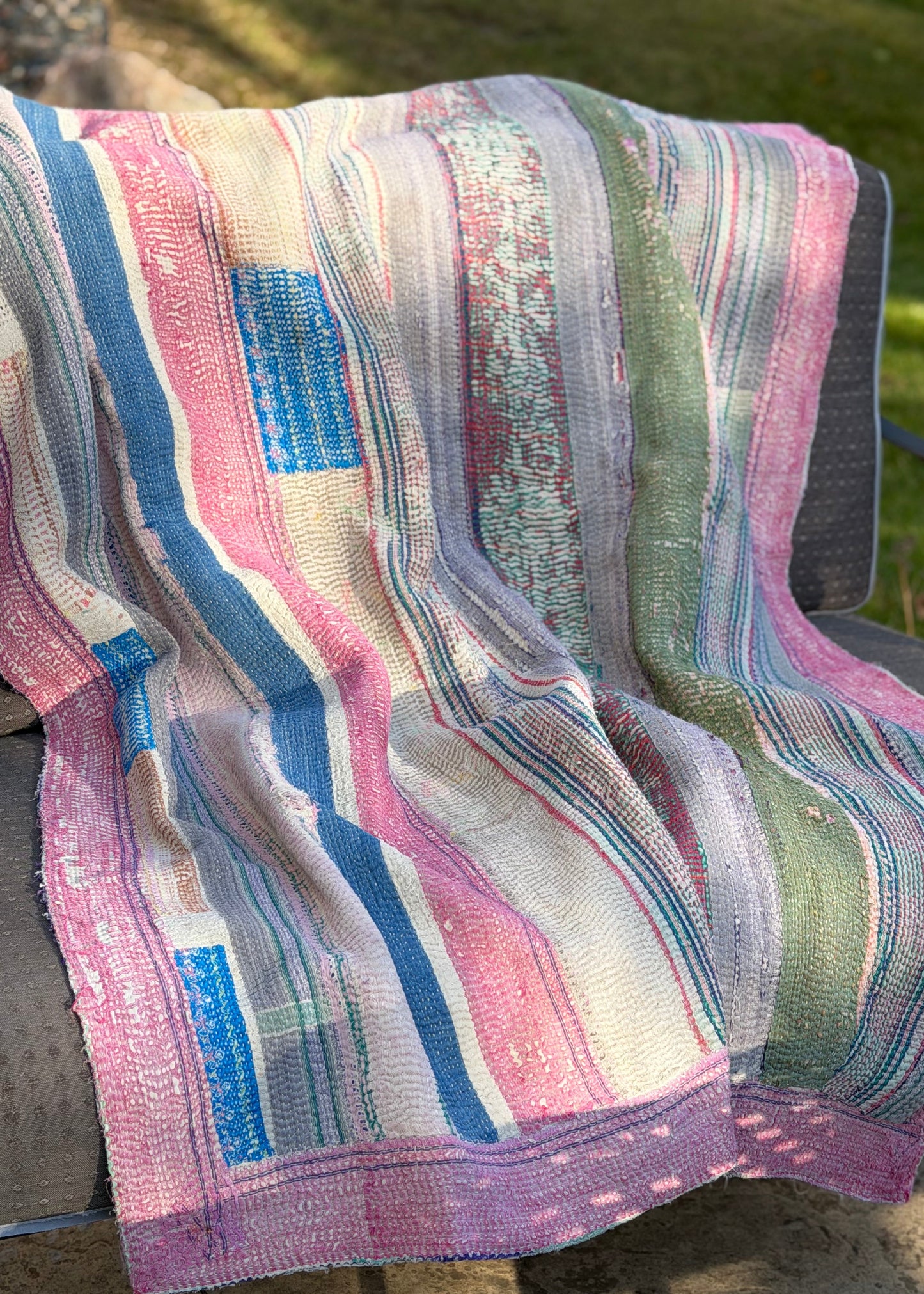 Theodora Reversible Kantha Quilts. Blue, Green, Pink  Set of 3