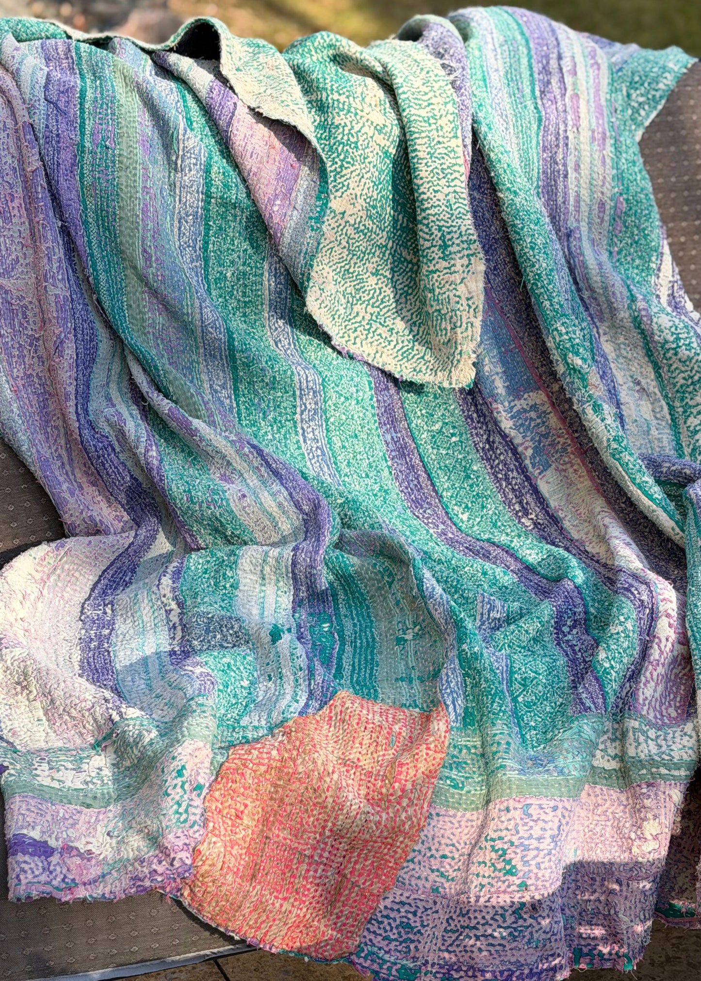 Theodora Reversible Kantha Quilts. Blue, Green, Pink  Set of 3