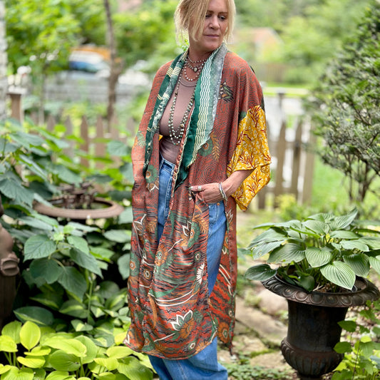 The Hey Delilah Silk Duster Kimono - Rust & Green