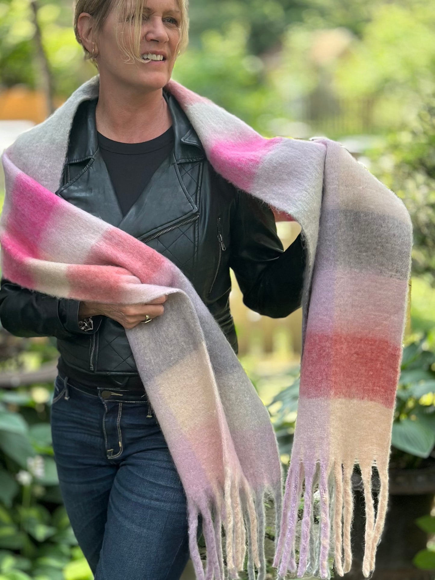 Lorelei Plaid Blanket Scarf - Pink & Grey