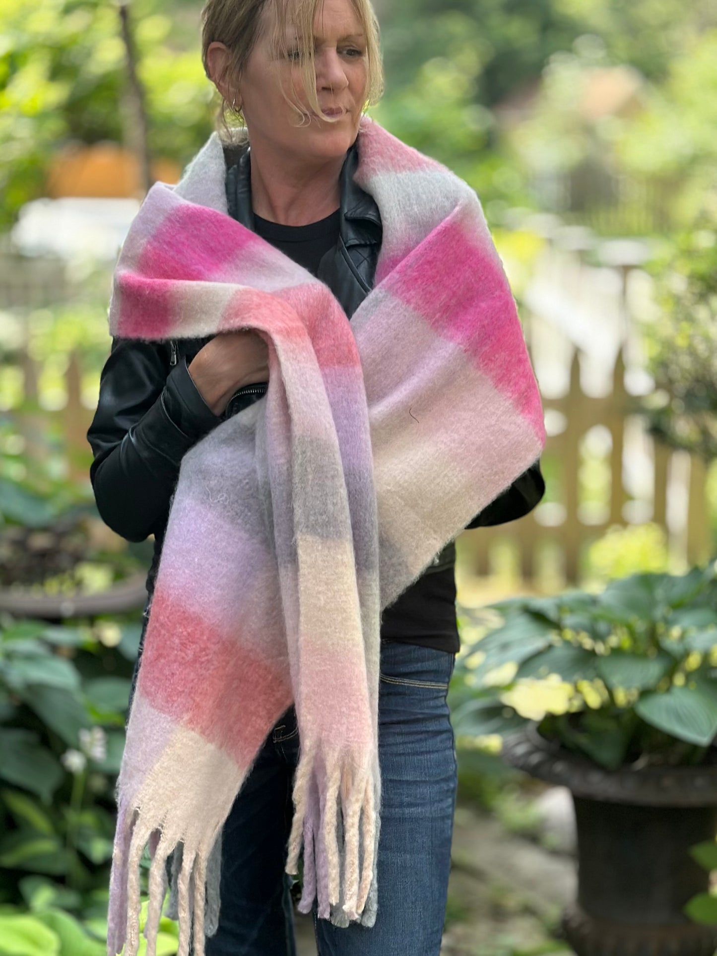 Lorelei Plaid Blanket Scarf - Pink & Grey