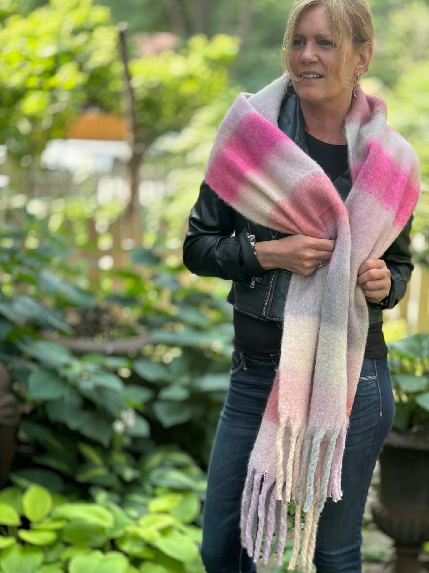 Lorelei Plaid Blanket Scarf - Pink & Grey