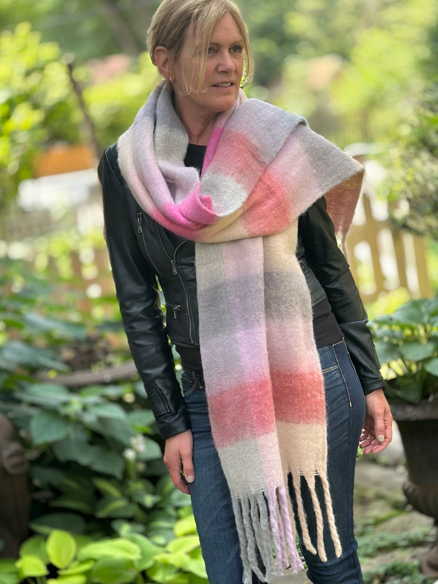 Lorelei Plaid Blanket Scarf - Pink & Grey