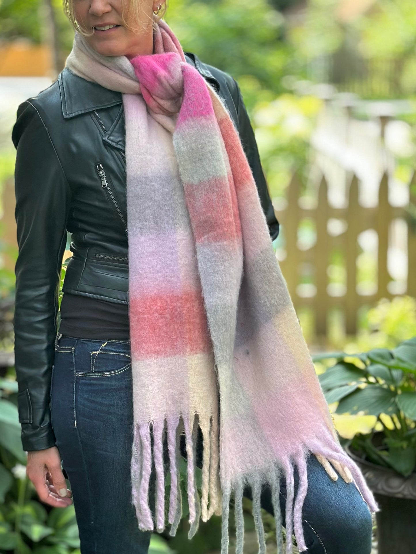 Lorelei Plaid Blanket Scarf - Pink & Grey