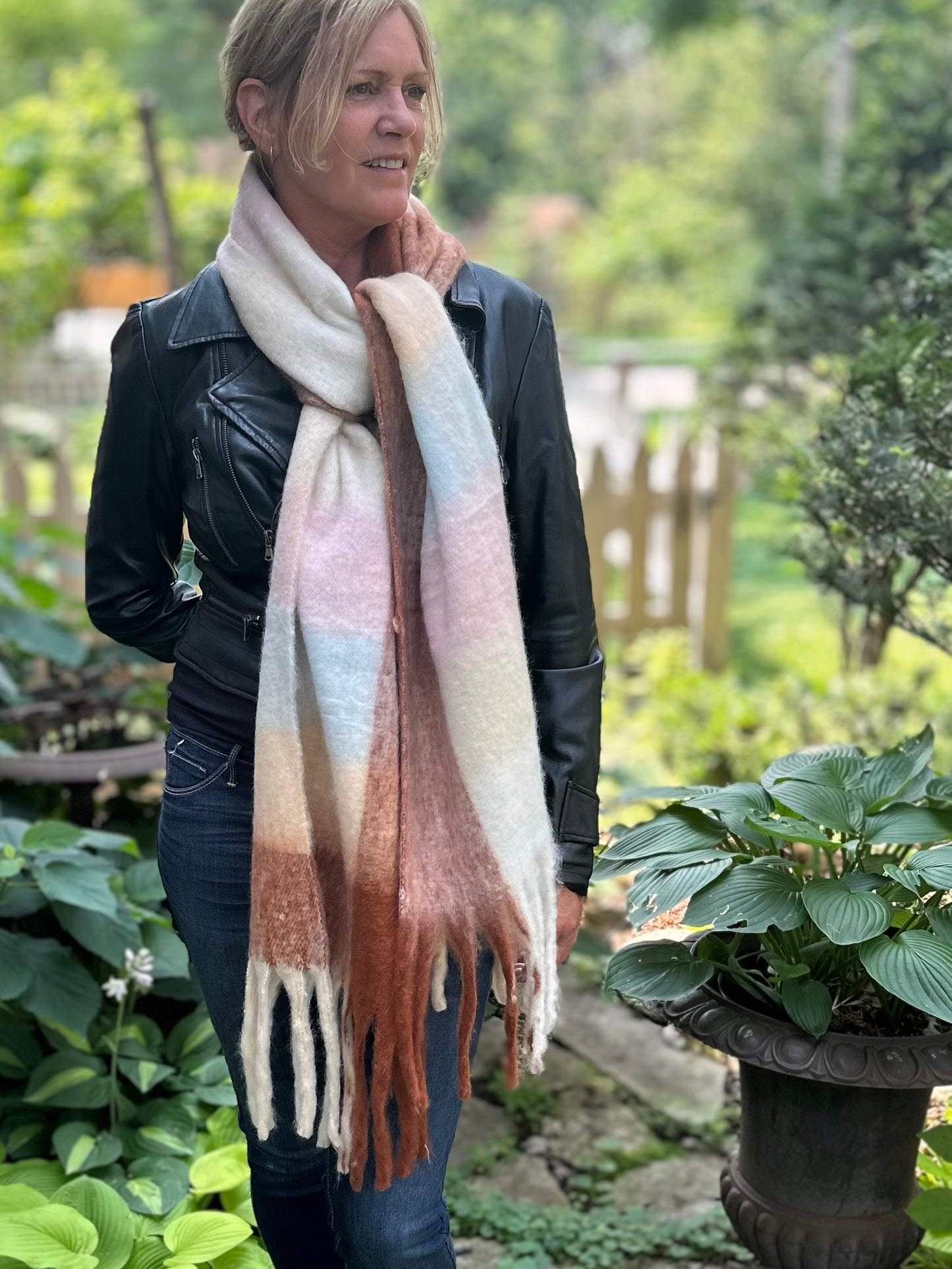 Lorelei Plaid Blanket Scarf - Soft Pink, Blue & Rust