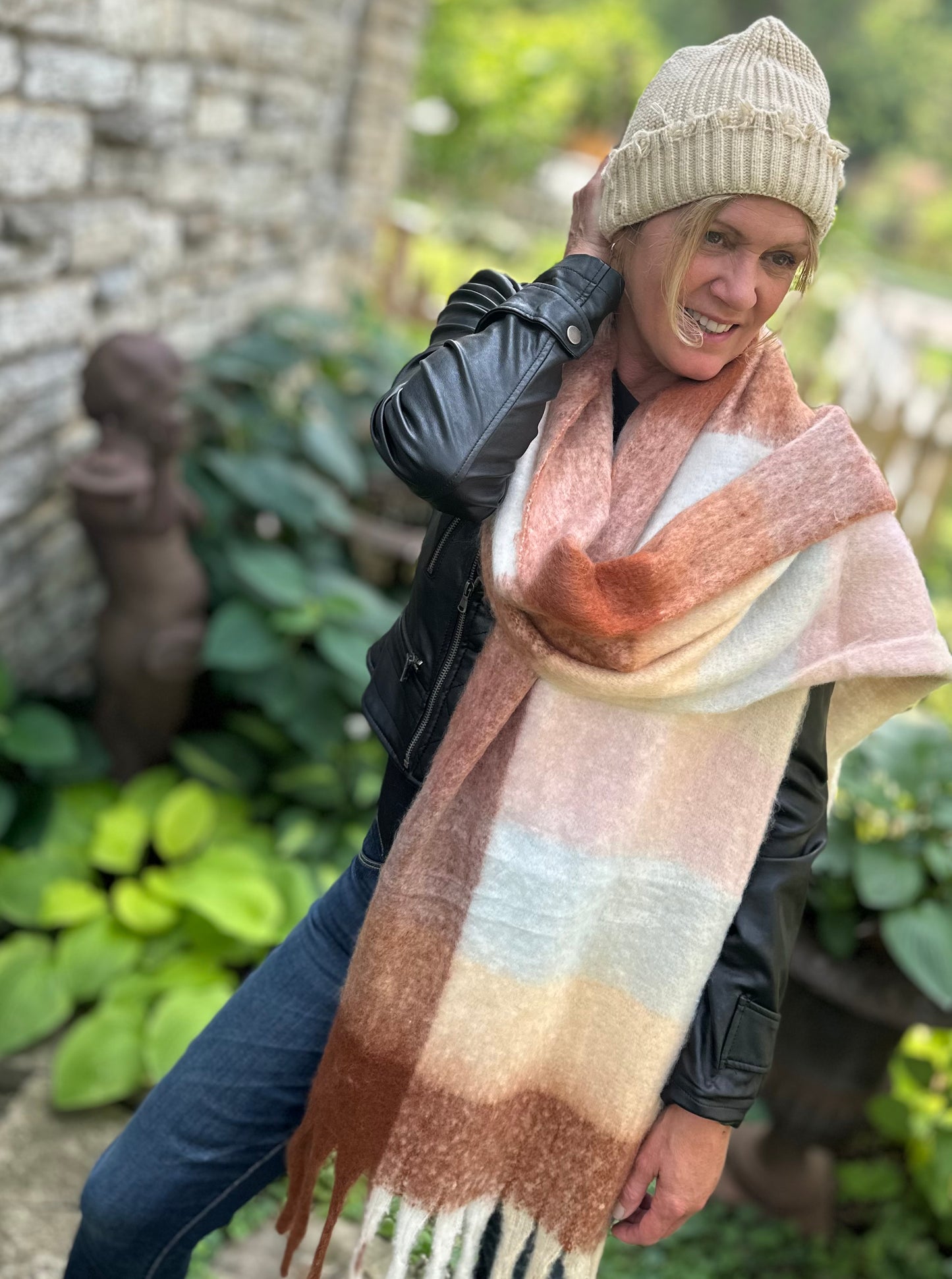 Lorelei Plaid Blanket Scarf - Soft Pink, Blue & Rust