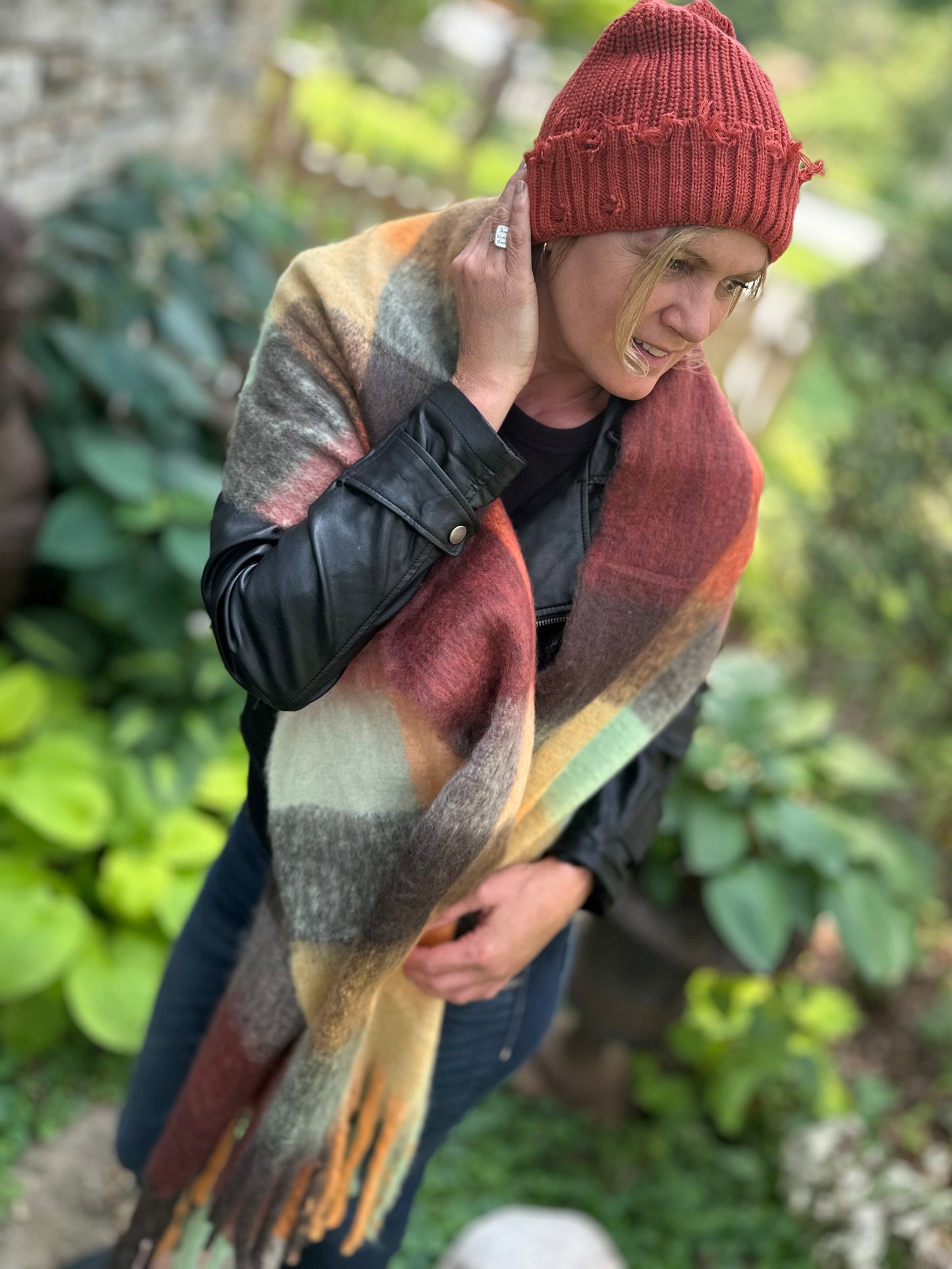 Lorelei Plaid Blanket Scarf - Rust & Brown