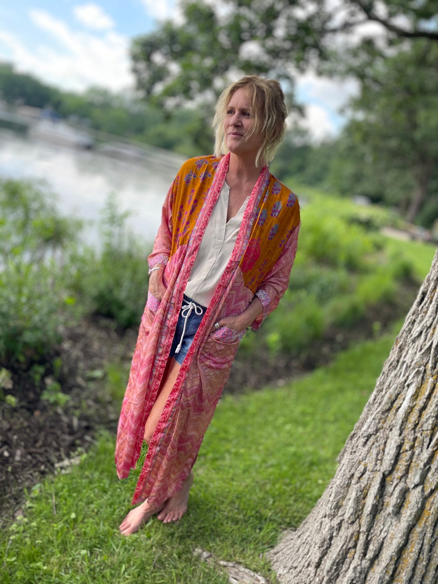 Annabelle Silk Sari Robe - Pink and Orange