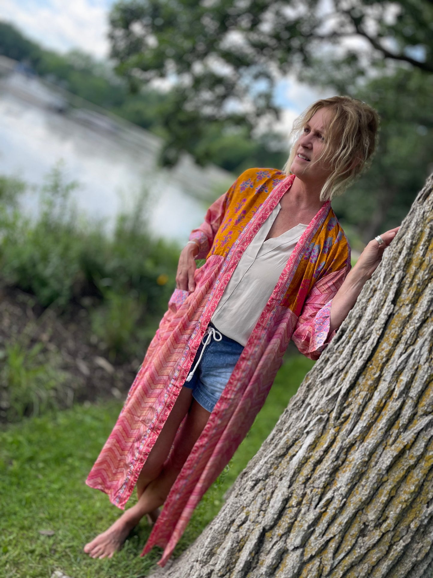 Annabelle Silk Sari Robe - Pink and Orange