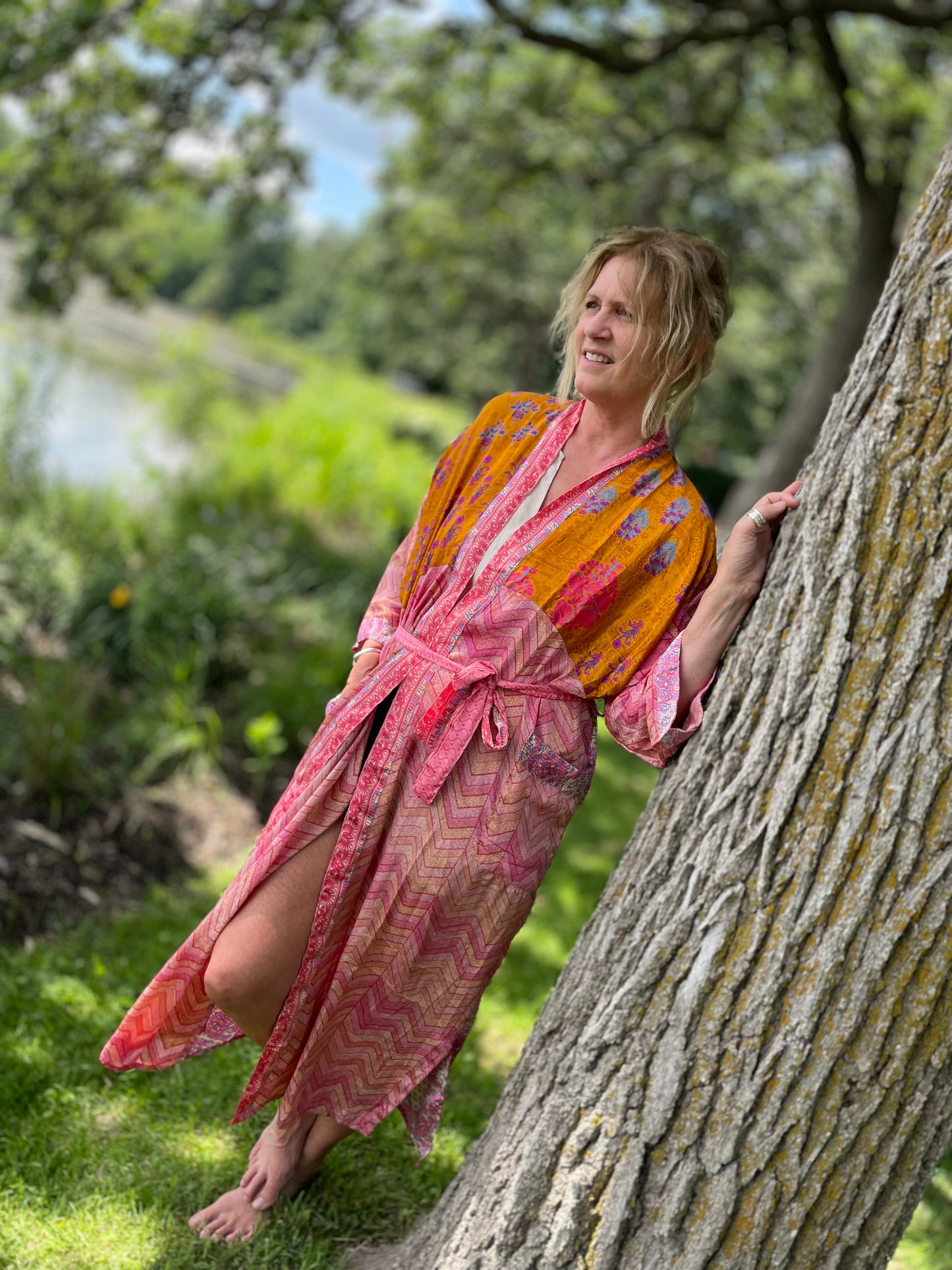 Annabelle Silk Sari Robe - Pink and Orange