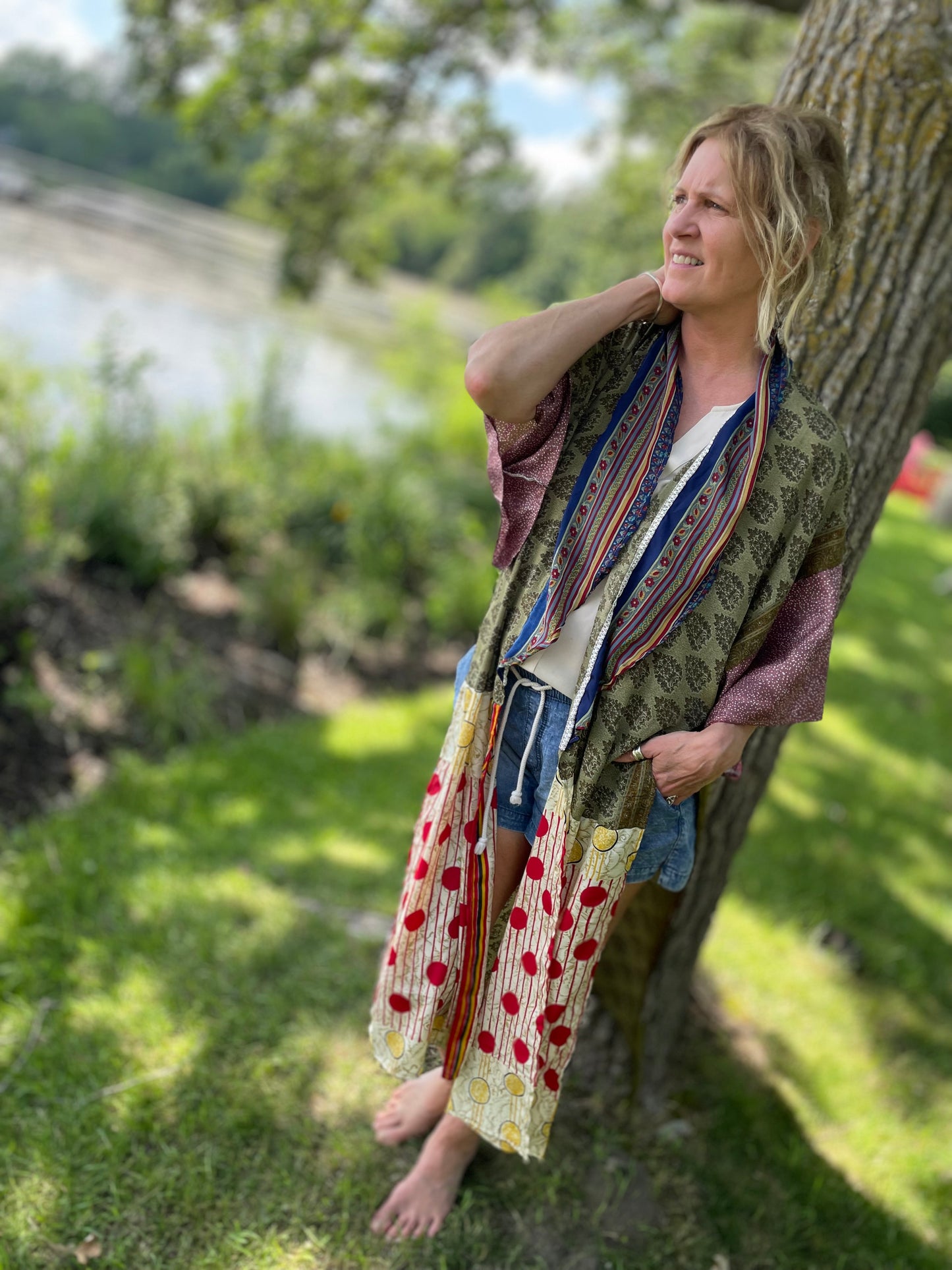 The Hey Delilah Silk Duster Kimono - Red, Green Multi