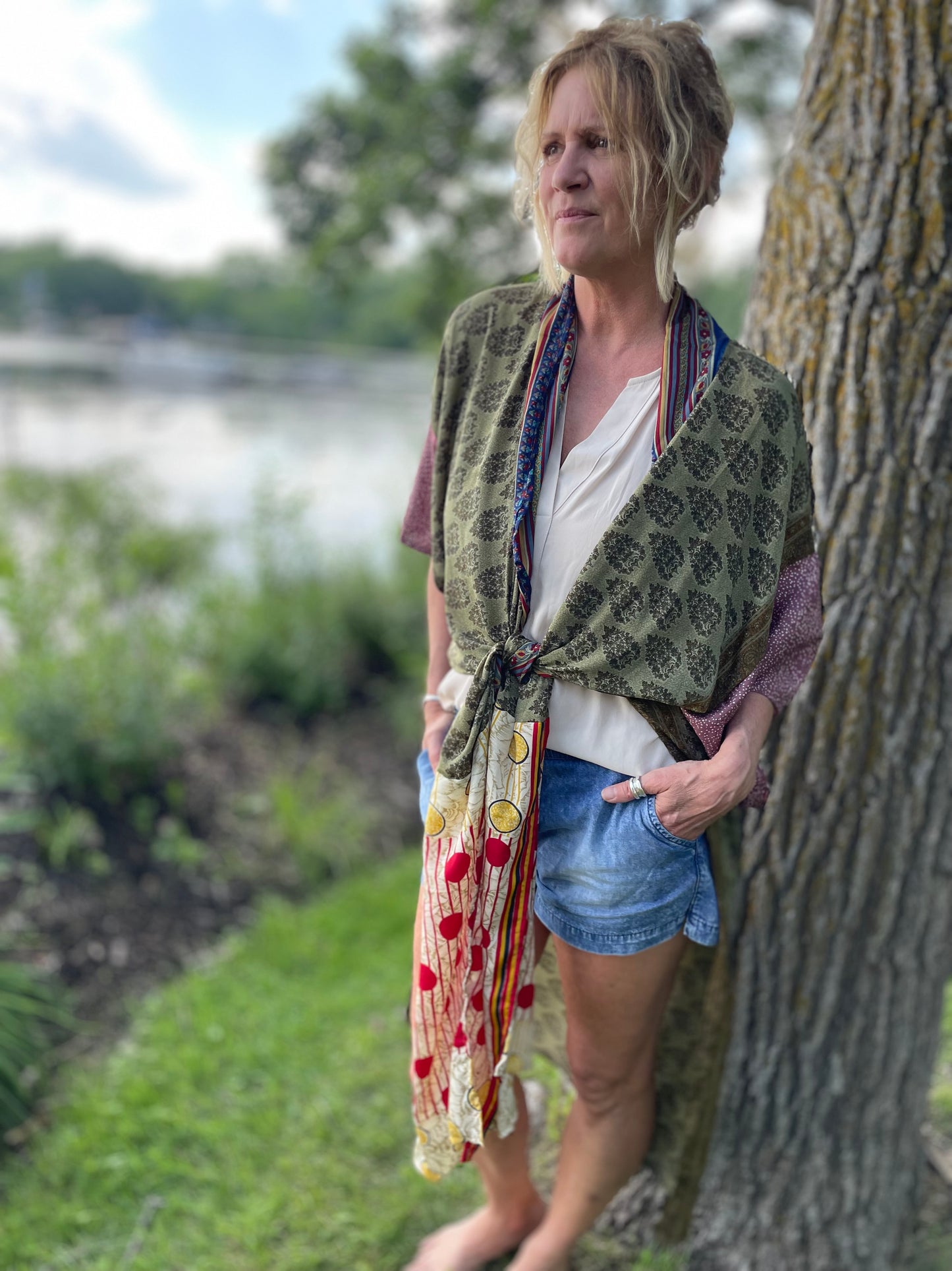 The Hey Delilah Silk Duster Kimono - Red, Green Multi