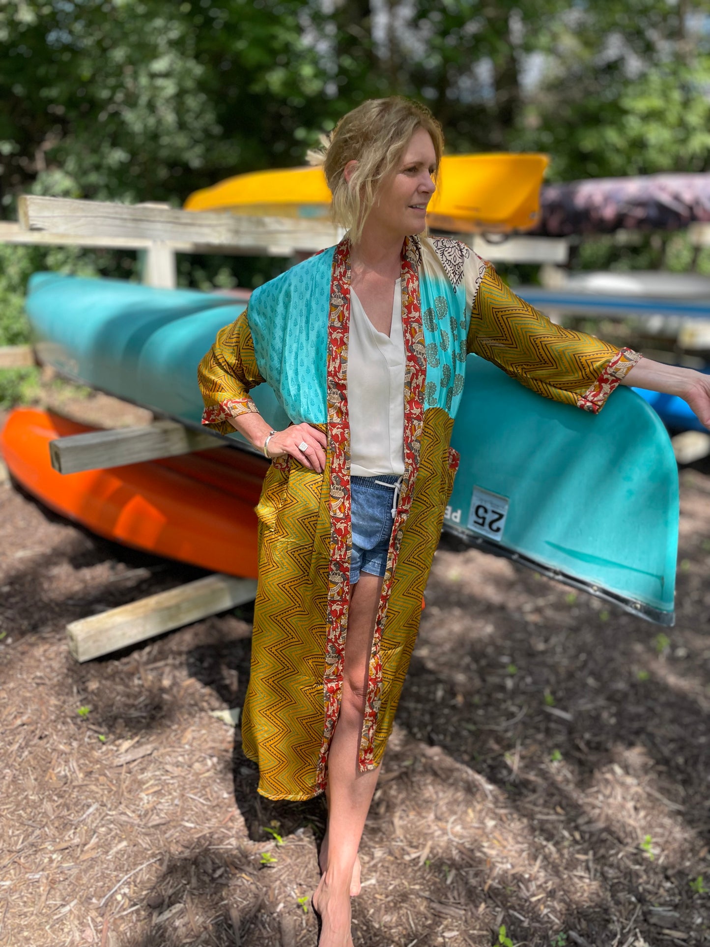 Annabelle Silk Sari Robe - Teal and Gold