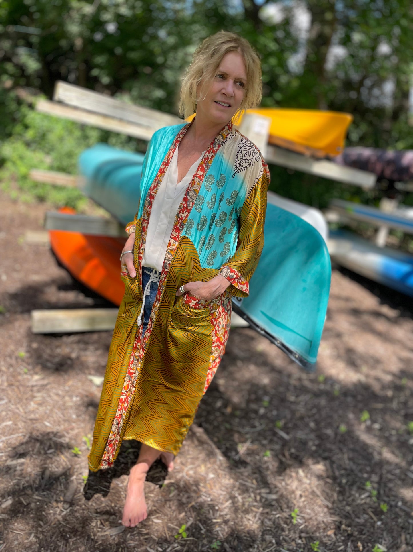 Annabelle Silk Sari Robe - Teal and Gold